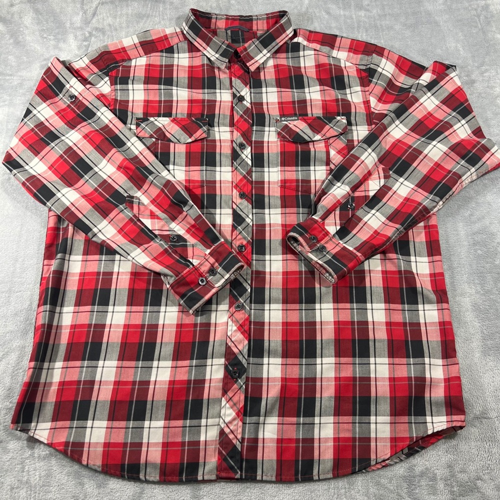 Columbia Mens Red Black Plaid Long Sleeve Button Down Hiking Shirt Size XL - Picture 2 of 8